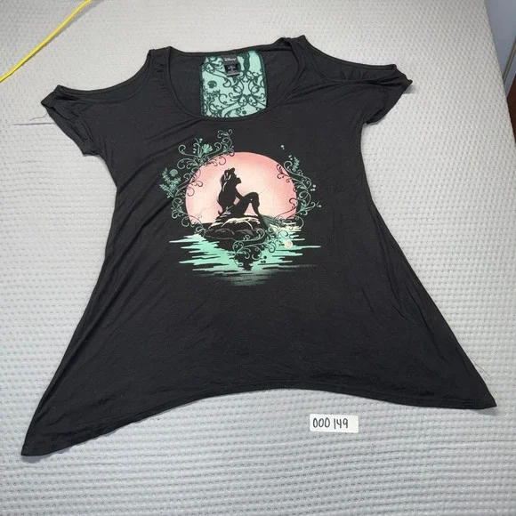 Disney Shirt Women Small Black Ariel Little Mermaid Sheer Lace Back Panel - Picture 9 of 9